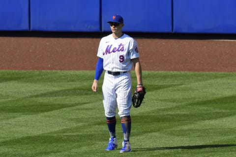 NEW YORK, NEW YORK – SEPTEMBER 06: Brandon Nimmo #9 of the New York Mets fields his position against the Philadelphia Phillies at Citi Field on September 06, 2020 in New York City. (Photo by Steven Ryan/Getty Images)