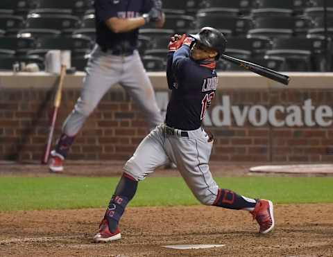 CHICAGO, ILLINOIS – SEPTEMBER 15: Francisco Lindor #12 of the Cleveland Indians hits a home run against the Chicago Cubs at Wrigley Field on September 15, 2020 in Chicago, Illinois. (Photo by Quinn Harris/Getty Images)