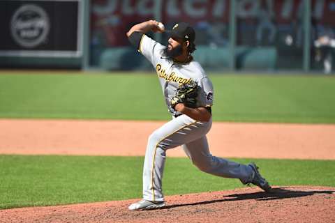 KANSAS CITY, MO – SEPTEMBER 13: Relief pitcher Richard Rodriguez #48 of the Pittsburgh Pirates throws in the eighth inning against the Kansas City Royals at Kauffman Stadium on September 13, 2020 in Kansas City, Missouri. (Photo by Ed Zurga/Getty Images)