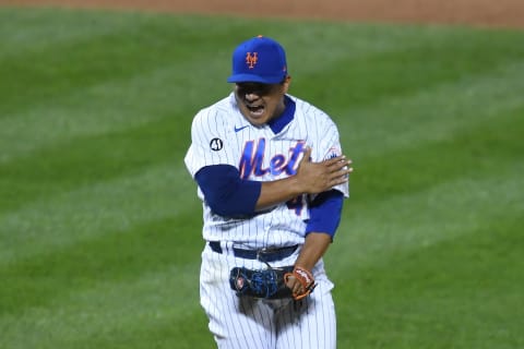 NEW YORK, NEW YORK – SEPTEMBER 19: Erasmo Ramirez #43 of the New York Mets reacts after pitching during the ninth inning against the Atlanta Braves at Citi Field on September 19, 2020 in the Queens borough of New York City. The Mets won 7-2. (Photo by Sarah Stier/Getty Images)