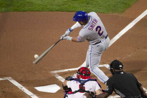 PHILADELPHIA, PA – SEPTEMBER 16: Dominic Smith #2 of the New York Mets bats against the Philadelphia Phillies at Citizens Bank Park on September 16, 2020 in Philadelphia, Pennsylvania. The Mets beat the Phillies 5-4. (Photo by Mitchell Leff/Getty Images)