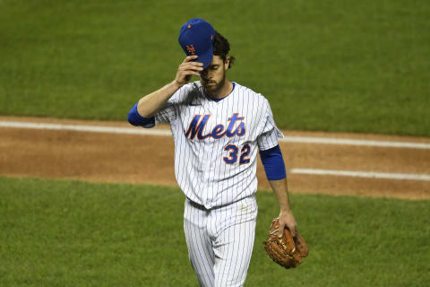 NEW YORK, NEW YORK – SEPTEMBER 18: Steven Matz #32 of the New York Mets reacts after pitching during the third inning against the Atlanta Braves at Citi Field on September 18, 2020 in the Queens borough of New York City. (Photo by Sarah Stier/Getty Images)