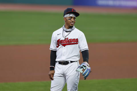 CLEVELAND, OH – SEPTEMBER 24: Francisco Lindor #12 of the Cleveland Indians warms up during the fourth inning against the Chicago White Sox at Progressive Field on September 24, 2020 in Cleveland, Ohio. (Photo by Ron Schwane/Getty Images)