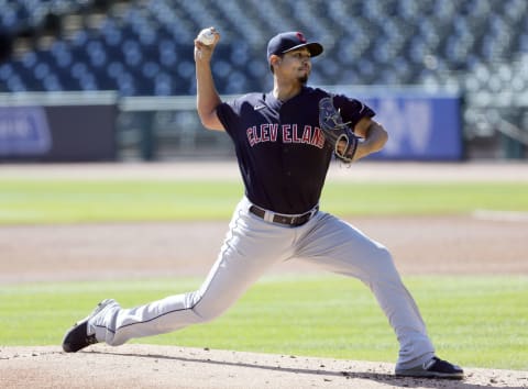 DETROIT, MI – SEPTEMBER 20: Carlos Carrasco #59 of the Cleveland Indians pitches against the Detroit Tigers at Comerica Park on September 20, 2020, in Detroit, Michigan. (Photo by Duane Burleson/Getty Images)