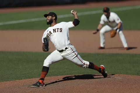 SAN FRANCISCO, CALIFORNIA – SEPTEMBER 24: Jarlin Garcia #76 of the San Francisco Giants pitches against the Colorado Rockies at Oracle Park on September 24, 2020 in San Francisco, California. (Photo by Lachlan Cunningham/Getty Images)