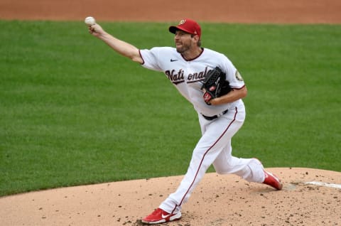 WASHINGTON, DC – SEPTEMBER 26: Max Scherzer #31 of the Washington Nationals pitches against the New York Mets during game 1 of a double header at Nationals Park on September 26, 2020 in Washington, DC. (Photo by G Fiume/Getty Images)