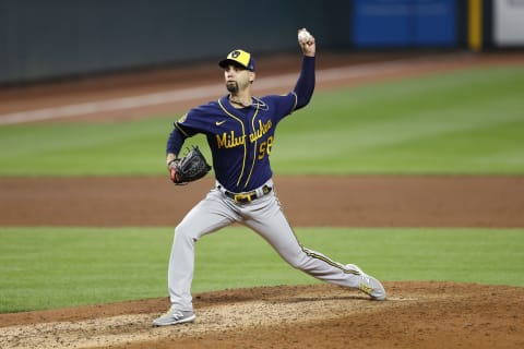 CINCINNATI, OH – SEPTEMBER 21: Alex Claudio #58 of the Milwaukee Brewers pitches during a game against the Cincinnati Reds at Great American Ball Park on September 21, 2020 in Cincinnati, Ohio. The Reds won 6-3. (Photo by Joe Robbins/Getty Images)