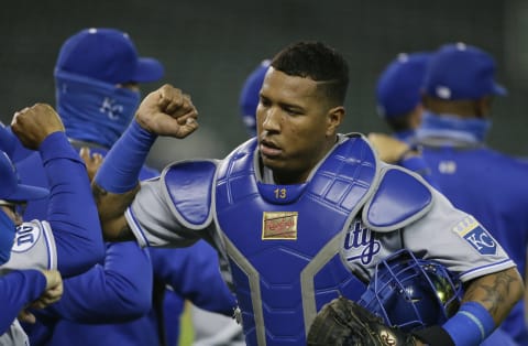 DETROIT, MI – SEPTEMBER 16: Salvador Perez #13 of the Kansas City Royals celebrates after a win over the Detroit Tigers at Comerica Park on September 16, 2020, in Detroit, Michigan. (Photo by Duane Burleson/Getty Images)