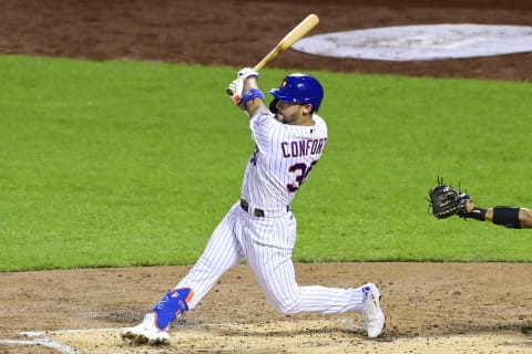 NEW YORK, NEW YORK – SEPTEMBER 08: Michael Conforto #30 of the New York Mets at bat against the Baltimore Orioles at Citi Field on September 08, 2020 in New York City. (Photo by Steven Ryan/Getty Images)