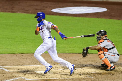 NEW YORK, NEW YORK – SEPTEMBER 08: Amed Rosario #1 of the New York Mets at bat against the Baltimore Orioles at Citi Field on September 08, 2020 in New York City. (Photo by Steven Ryan/Getty Images)