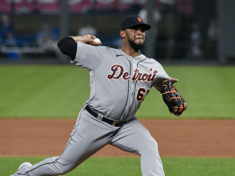 KANSAS CITY, MISSOURI – SEPTEMBER 25: Relief pitcher Jose Cisnero #67 of the Detroit Tigers throws in the seventh inning against the Kansas City Royals at Kauffman Stadium on September 25, 2020 in Kansas City, Missouri. (Photo by Ed Zurga/Getty Images)