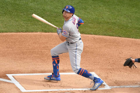 WASHINGTON, DC – SEPTEMBER 27: Brandon Nimmo #9 of the New York Mets takes a swing during a baseball game against the Washington Nationals at Nationals Park on September 27, 2020 in Washington, DC. (Photo by Mitchell Layton/Getty Images)