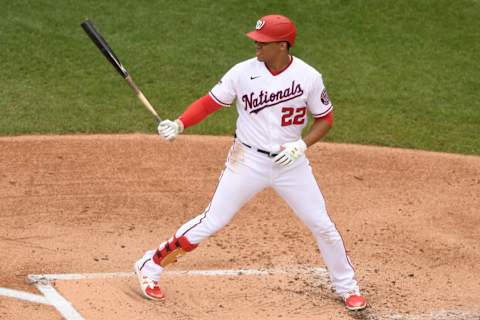 WASHINGTON, DC – SEPTEMBER 27: Juan Soto #22 of the Washington Nationals prepares for a pitch during a baseball game against the New York Mets at Nationals Park on September 27, 2020 in Washington, DC. (Photo by Mitchell Layton/Getty Images)