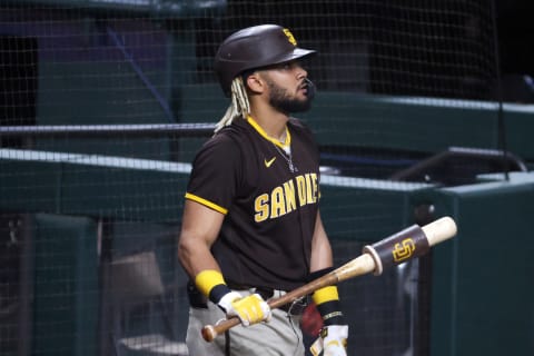 ARLINGTON, TEXAS – OCTOBER 07: Fernando Tatis Jr. #23 of the San Diego Padres prepares for his first at bat during the first inning against the Los Angeles Dodgers in Game Two of the National League Division Series at Globe Life Field on October 07, 2020 in Arlington, Texas. (Photo by Tom Pennington/Getty Images)