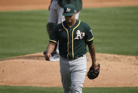 LOS ANGELES, CALIFORNIA – OCTOBER 08: Frankie Montas #47 of the Oakland Athletics leaves the game during the fourth inning against the Houston Astros in Game Four of the American League Division Series at Dodger Stadium on October 08, 2020 in Los Angeles, California. (Photo by Kevork Djansezian/Getty Images)