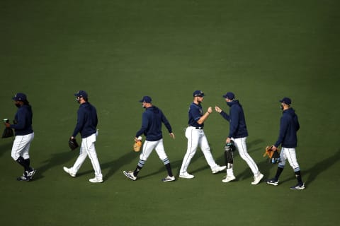 SAN DIEGO, CALIFORNIA – OCTOBER 09: The Tampa Bay Rays pitchers head to the bullpen prior to Game Five of the American League Division Series against the New York Yankees at PETCO Park on October 09, 2020 in San Diego, California. (Photo by Sean M. Haffey/Getty Images)