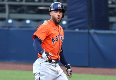 SAN DIEGO, CALIFORNIA – OCTOBER 16: George Springer #4 of the Houston Astros reacts to scoring on a Jose Altuve #27 RBI double during the fifth inning against the Tampa Bay Rays in Game Six of the American League Championship Series at PETCO Park on October 16, 2020 in San Diego, California. (Photo by Ezra Shaw/Getty Images)