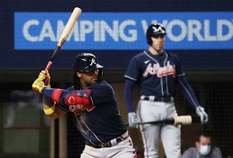 ARLINGTON, TEXAS – OCTOBER 18: Ronald Acuna Jr. #13 of the Atlanta Braves at bat against the Los Angeles Dodgers during the seventh inning in Game Seven of the National League Championship Series at Globe Life Field on October 18, 2020 in Arlington, Texas. (Photo by Rob Carr/Getty Images)