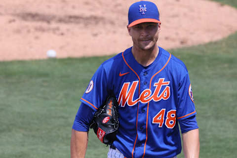 PORT ST. LUCIE, FLORIDA – MARCH 16: Jacob deGrom #48 of the New York Mets leaves the game against the Houston Astros in a spring training game at Clover Park on March 16, 2021 in Port St. Lucie, Florida. (Photo by Mark Brown/Getty Images)