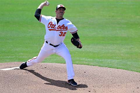 SARASOTA, FLORIDA – MARCH 15: Matt Harvey #32 of the Baltimore Orioles throws a pitch during the first inning against the Pittsburgh Pirates during a spring training game at Ed Smith Stadium on March 15, 2021 in Sarasota, Florida. (Photo by Douglas P. DeFelice/Getty Images)