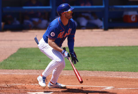 PORT ST. LUCIE, FLORIDA – MARCH 19: Pete Alonso #20 of the New York Mets doubles for a score in the first inning against the St. Louis Cardinals in a spring training game at Clover Park on March 19, 2021 in Port St. Lucie, Florida. (Photo by Mark Brown/Getty Images)