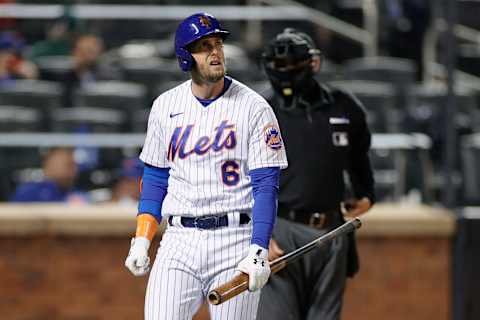 NEW YORK, NEW YORK – APRIL 14: Jeff McNeil #6 of the New York Mets reacts after striking out during the third inning against the Philadelphia Phillies at Citi Field on April 14, 2021 in the Queens borough of New York City. (Photo by Sarah Stier/Getty Images)