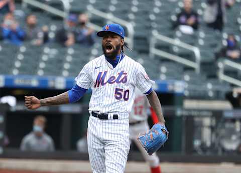 NEW YORK, NEW YORK – APRIL 25: Miguel Castro #50 of the New York Mets celebrates striking out the side in the eigth inning against the Washington Nationals during their game at Citi Field on April 25, 2021 in New York City. (Photo by Al Bello/Getty Images)