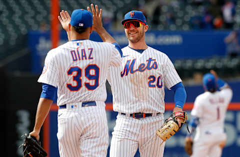 NEW YORK, NEW YORK – APRIL 25: (NEW YORK DAILIES OUT) Pete Alonso #20 and Edwin Diaz #39 of the New York Mets celebrate after defeating the Washington Nationals at Citi Field on April 25, 2021 in New York City. The Mets defeated the Nationals 4-0. (Photo by Jim McIsaac/Getty Images)