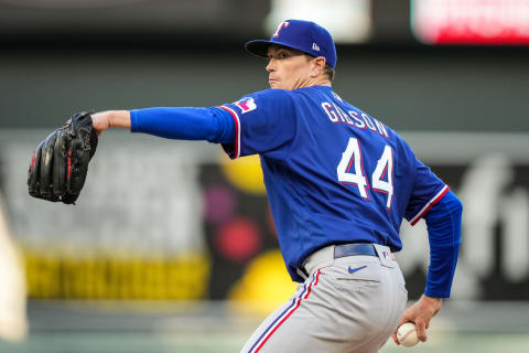 MINNEAPOLIS, MN – MAY 04: Kyle Gibson #44 of the Texas Rangers pitches against the Minnesota Twins on May 4, 2021 at Target Field in Minneapolis, Minnesota. (Photo by Brace Hemmelgarn/Minnesota Twins/Getty Images)