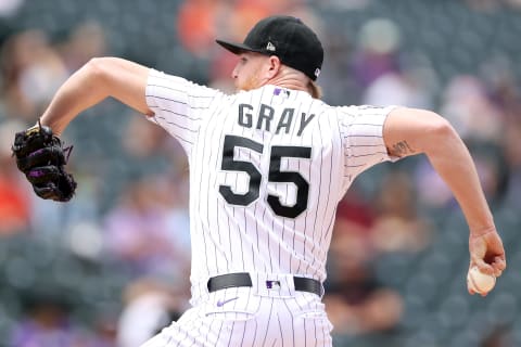 DENVER, COLORADO – MAY 23: Starting pitcher Jon Gray #55 of the Colorado Rockies throws against the Arizona Diamondbacks in the first inning at Coors Field on May 23, 2021 in Denver, Colorado. (Photo by Matthew Stockman/Getty Images)