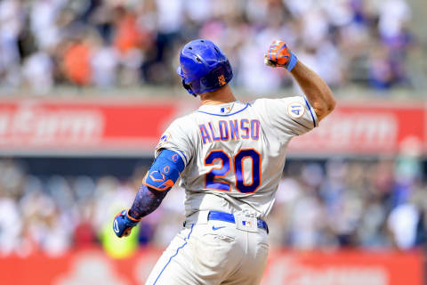 NEW YORK, NEW YORK – JULY 04: Pete Alonso #20 of the New York Mets hits a game-tying solo home run against the New York Yankees in the seventh inning during game one of a doubleheader at Yankee Stadium on July 04, 2021 in the Bronx borough of New York City.. (Photo by Steven Ryan/Getty Images)