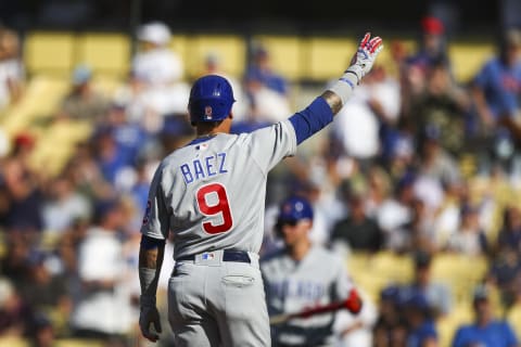 LOS ANGELES, CALIFORNIA – JUNE 27: Javier Baez #9 of the Chicago Cubs celebrates his home run in the fourth inning against the Los Angeles Dodgers at Dodger Stadium on June 27, 2021 in Los Angeles, California. (Photo by Meg Oliphant/Getty Images)