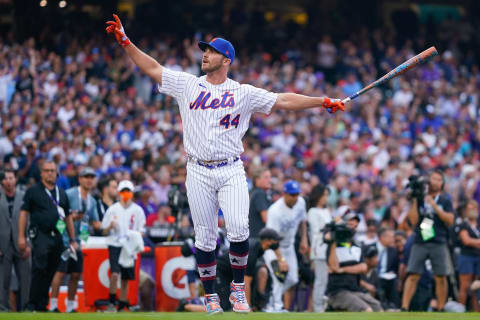 DENVER, COLORADO – JULY 12: Pete Alonso #20 of the New York Mets (wearing #44 in honor of Hank Aaron) celebrates during the 2021 T-Mobile Home Run Derby at Coors Field on July 12, 2021 in Denver, Colorado. (Photo by Matt Dirksen/Colorado Rockies/Getty Images)