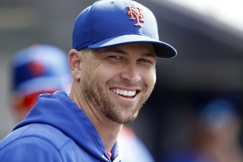 NEW YORK, NEW YORK – JULY 10: (NEW YORK DAILIES OUT) Jacob deGrom #48 of the New York Mets has a laugh before a game against the Pittsburgh Pirates at Citi Field on July 10, 2021 in New York City. The Pirates defeated the Mets 6-2. (Photo by Jim McIsaac/Getty Images)