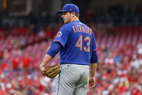 CINCINNATI, OHIO – JULY 19: Jerad Eickhoff #43 of the New York Mets looks on in the second inning against the Cincinnati Reds at Great American Ball Park on July 19, 2021 in Cincinnati, Ohio. (Photo by Dylan Buell/Getty Images)