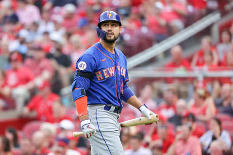 CINCINNATI, OHIO – JULY 20: Michael Conforto #30 of the New York Mets walks back to the dugout after striking out in the second inning against the Cincinnati Reds at Great American Ball Park on July 20, 2021 in Cincinnati, Ohio. (Photo by Dylan Buell/Getty Images)