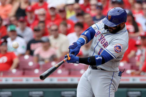 CINCINNATI, OHIO – JULY 21: Jonathan Villar #1 of the New York Mets hits a home run in the second inning against the Cincinnati Reds at Great American Ball Park on July 21, 2021 in Cincinnati, Ohio. (Photo by Dylan Buell/Getty Images)