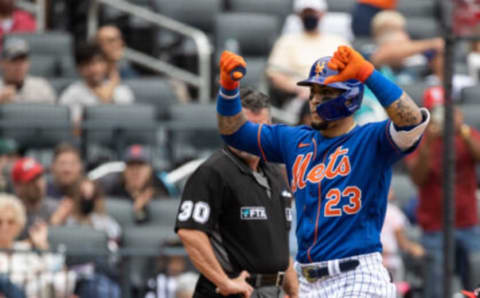 NEW YORK, NY – AUGUST 29: Javier Baez #23 of the New York Mets holds his thumbs down after hitting a home run during a game against the Washington Nationals at Citi Field on August 29, 2021 in New York City. (Photo by Dustin Satloff/Getty Images)