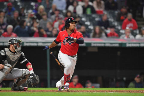 CLEVELAND, OHIO – SEPTEMBER 25: Jose Ramirez #11 of the Cleveland Indians hits an RBI single during the sixth inning against the Chicago White Sox at Progressive Field on September 25, 2021 in Cleveland, Ohio. (Photo by Jason Miller/Getty Images)