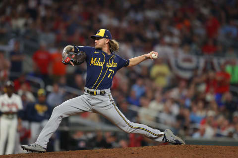 ATLANTA, GEORGIA – OCTOBER 12: Josh Hader #71 of the Milwaukee Brewers delivers during the eighth inning in game four of the National League Division Series against the Atlanta Braves at Truist Park on October 12, 2021 in Atlanta, Georgia. (Photo by Todd Kirkland/Getty Images)