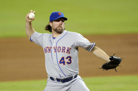 MIAMI, FL – OCTOBER 02: Pitcher R.A. Dickey #43 of the New York Mets pitches during an MLB game against the Miami Marlins at Marlins Park on October 2, 2012, in Miami, Florida. (Photo by Ronald C. Modra/Getty Images)