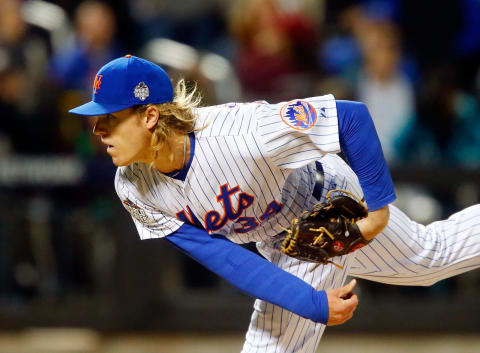 NEW YORK, NY – OCTOBER 30: (NEW YORK DAILIES OUT) Noah Syndergaard #34 of the New York Mets in action against the Kansas City Royals during game three of the 2015 World Series at Citi Field on October 30, 2015 in the Flushing neighborhood of the Queens borough of New York City. The Mets defeated the Royals 9-3. (Photo by Jim McIsaac/Getty Images)