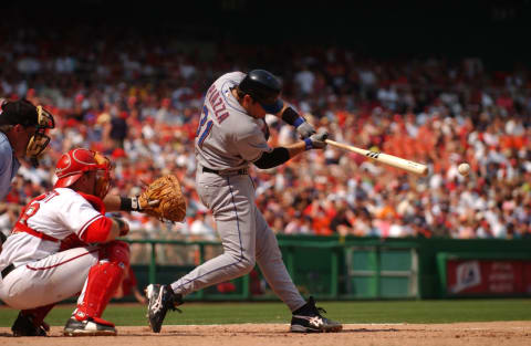 WASHINGTON – JULY 4: Mike Piazza of the New York Mets takes a swing during a game against the Washington Nationals on July 4, 2005 at RFK Stadium in Washington D.C. The Mets defeated the Nationals 5-2. (Photo by Mitchell Layton/MLB Photos via Getty Images)