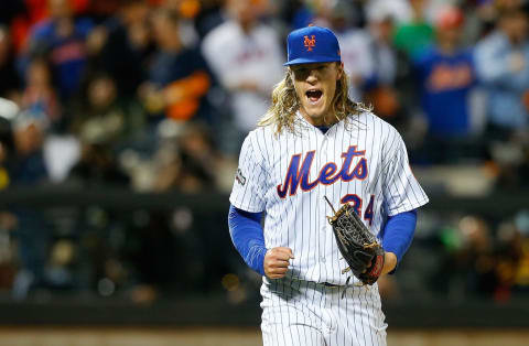 NEW YORK, NY – OCTOBER 05: (NEW YORK DAILIES OUT) Noah Syndergaard #34 of the New York Mets reacts against the San Francisco Giants during the National League Wild Card game at Citi Field on October 5, 2016 in the Flushing neighborhood of the Queens borough of New York City. The Giants defeated the Mets 3-0. (Photo by Jim McIsaac/Getty Images)