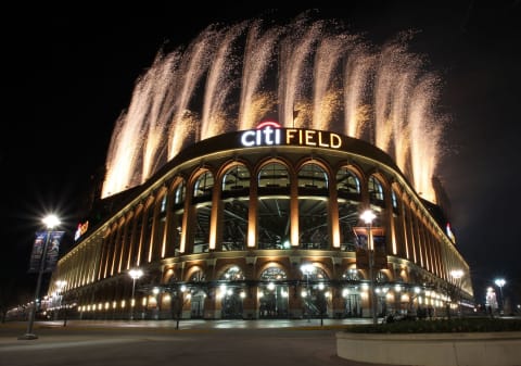 NEW YORK, NY – APRIL 08: Pyrotechnics light up the night sky above Citi Field after the game between the Miami Marlins and New York Mets on April 8, 2017 in the Flushing neighborhood of the Queens borough of New York City. (Photo by Christopher Pasatieri/Getty Images)