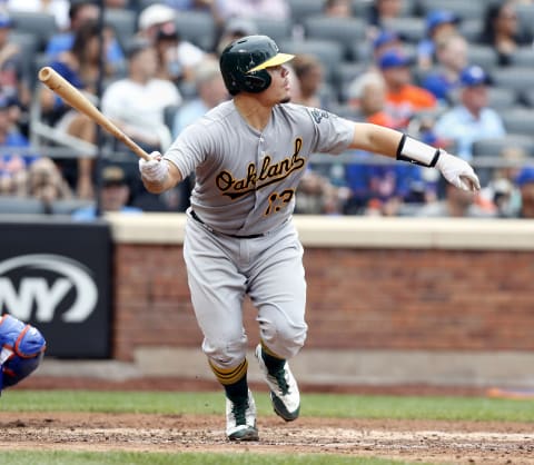 NEW YORK, NY – JULY 23: Bruce Maxwell #13 of the Oakland Athletics bats during an MLB baseball game against the New York Mets on July 23, 2017 at CitiField in the Queens borough of New York City. Oakland won 3-2. (Photo by Paul Bereswill/Getty Images) *** Bruce Maxwell