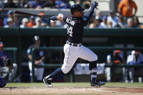 LAKELAND, FL – MARCH 09: James McCann #34 of the Detroit Tigers makes some contact at the plate during the game against the New York Mets at Joker Marchant Stadium on March 09, 2018 in Lakeland, Florida. (Photo by Mike McGinnis/Getty Images)