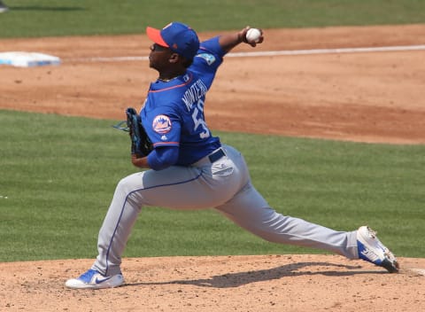 JUPITER, FL – MARCH 14: Rafael Montero #50 of the New York Mets throws the ball against the Miami Marlins during a spring training game at Roger Dean Chevrolet Stadium on March 14, 2018 in Jupiter, Florida. The Marlins defeated the Mets 5-1. (Photo by Joel Auerbach/Getty Images) *** Local Caption *** Rafael Montero