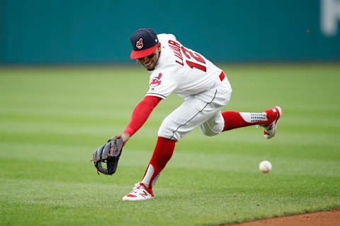 CLEVELAND, OH – JUNE 23: Francisco Lindor #12 of the Cleveland Indians tries to field a ground ball during a game against the Detroit Tigers at Progressive Field on June 23, 2018 in Cleveland, Ohio. The Indians won 4-1. (Photo by Joe Robbins/Getty Images)