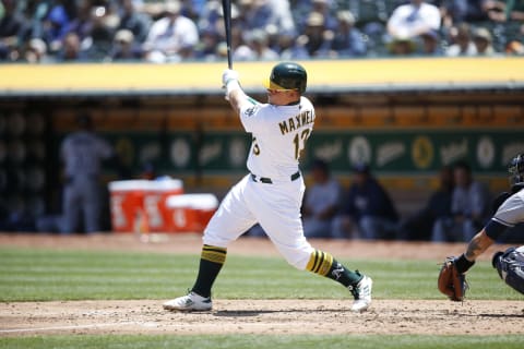 OAKLAND, CA – MAY 31: Bruce Maxwell #13 of the Oakland Athletics bats during the game against the Tampa Bay Rays at the Oakland Alameda Coliseum on May 31, 2018 in Oakland, California. The Athletics defeated the Rays 7-3. (Photo by Michael Zagaris/Oakland Athletics/Getty Images)